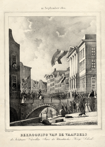 32505 Afbeelding van de bekroning van de vaandels van de Compagnie Vrijwillige Jagers van de Utrechtse hogeschool na ...